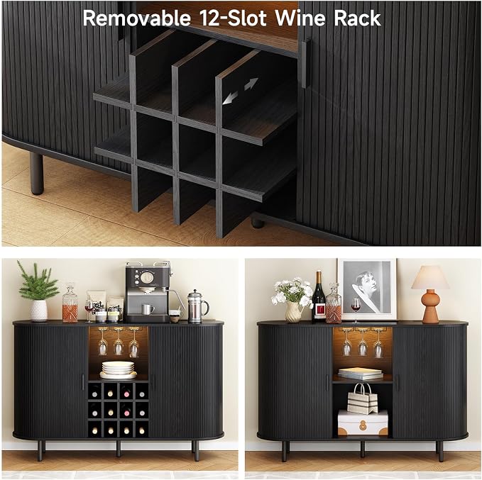 ONBRILL 55" Fluted Wine Bar Cabinet with LED Light Black