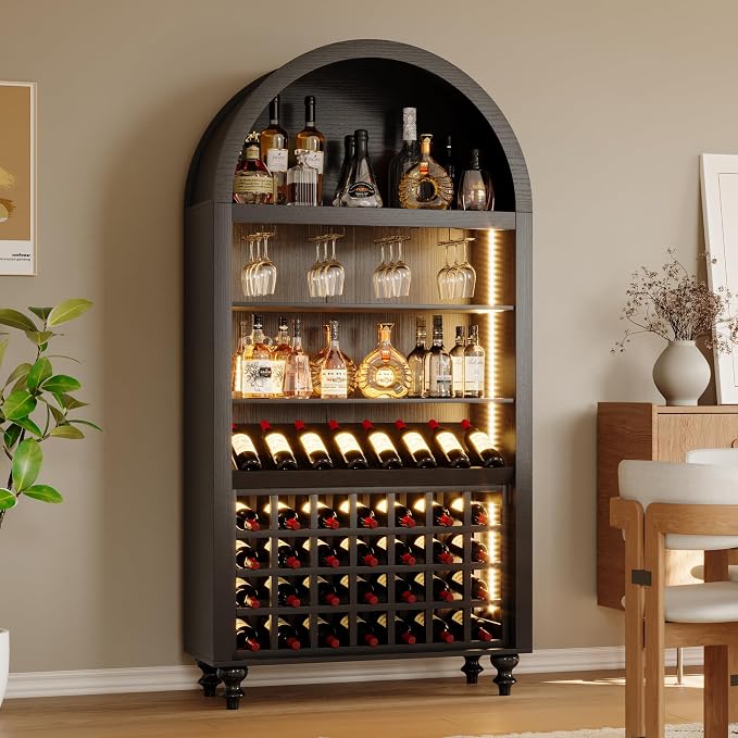 Arched Wine Bar Cabinet with LED Lights, 71" Tall Liquor Cabinets with 4 Glasses Holders & Wine Rack, Alcohol Display Storage Cabinet for Living Room, Kitchen Pantry, Dining Room (Black)