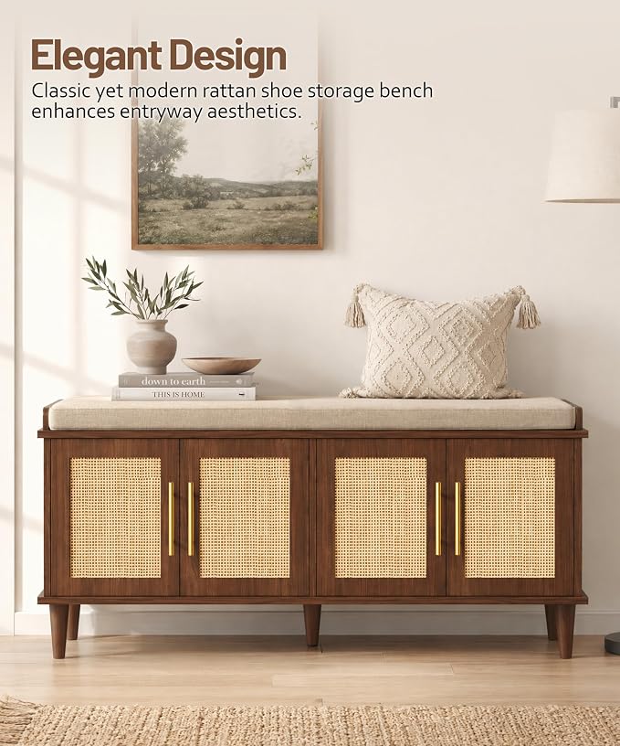 Akxomel 47.2" Rattan Shoe Storage Bench 4 Doors Entryway Bench Walnut