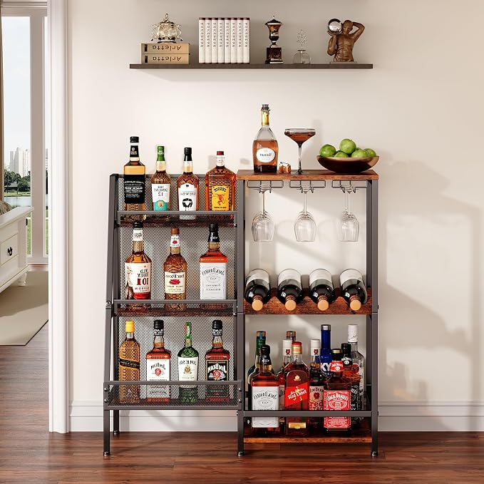 Versatile Liquor Stand for Home Bar, Wine Rack Freestanding Floor, Mini Bar Table for Liquor Whiskey Wine, 3-Tier Trapezoidal Liquor Bottle Display Shelf with Glass Holder and Fences(Patent Pending)