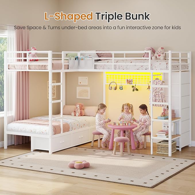 Triple Bunk Bed Twin Over Twin with 9 Storage Drawers and LED Lights, White