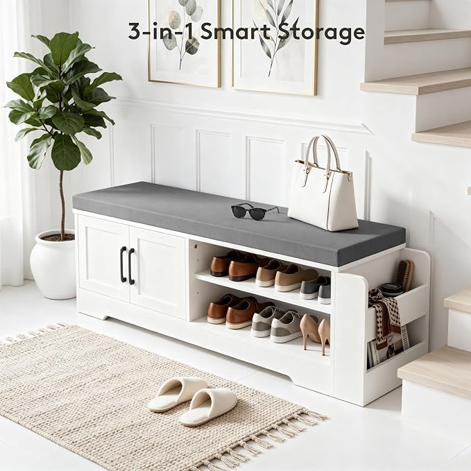 Farmhouse Shoe Storage Bench with 3-in-1 Entryway Storage & Padded Seat