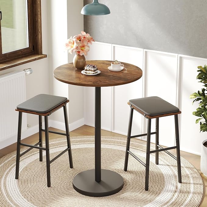 YATINEY Bar Table, Round Bar Table, Counter Height Table, Pub Cocktail Table, Metal Frame, for Bistro, Dining Room, Living Room, Terrace, Rustic Brown and Black BT05BR