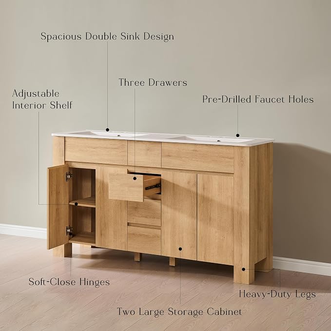 T4TREAM 60 Inch Modern Bathroom Vanity with Double Sink, Natural Oak | Integrated Resin Sink, 4 Soft-Close Doors & 3 Drawers, Handle-Free Design, Thick Heavy-Duty Legs, Oak Grain Finish.