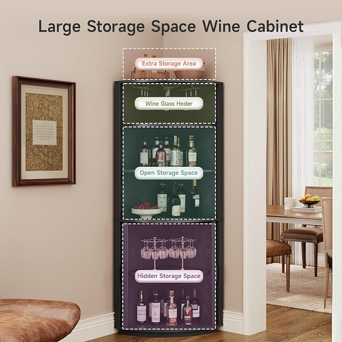 ONBRILL 72" Tall Corner Bar Cabinet with LED Light, Liquor Cabinets, Black