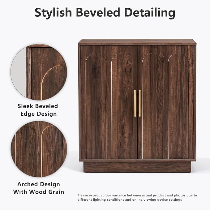 FORTUNETEC 31.5" Wine Bar Cabinet, Mid Century Modern Sideboard, Walnut