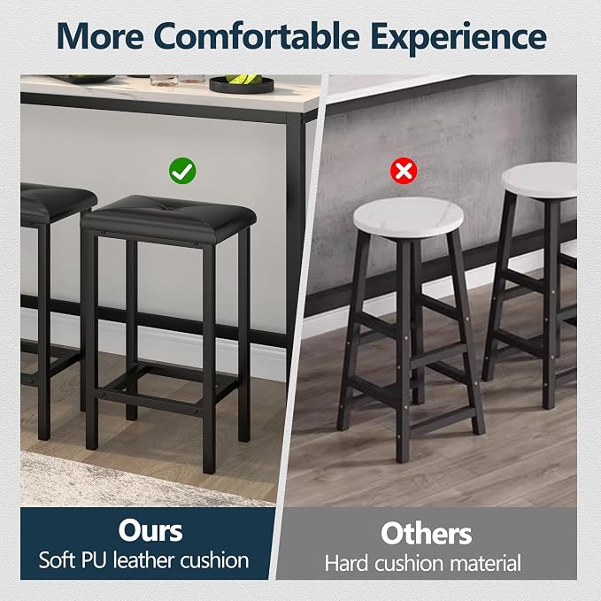 HUGROVE 4-Piece Bar Table and Chairs Set with 3 PU Upholstered Bar Stools, 60.2" Faux Marble Table Top, Modern Counter Height Table for Kitchen, Living Room, Party Room, Small Space, Pub (Black)