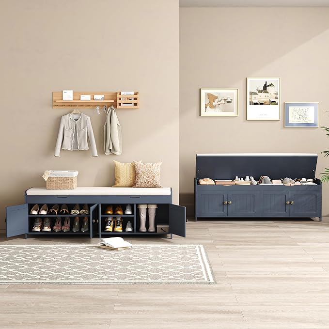 HOMEFORT 54.4" Shoe Bench with Lift Top Storage, Entryway Bench with Cushioned Seat, Wooden End of Bed Bench, Shoe Cabinet Bench with Hidden Storage Space, for Bedroom, Hallway,Blue