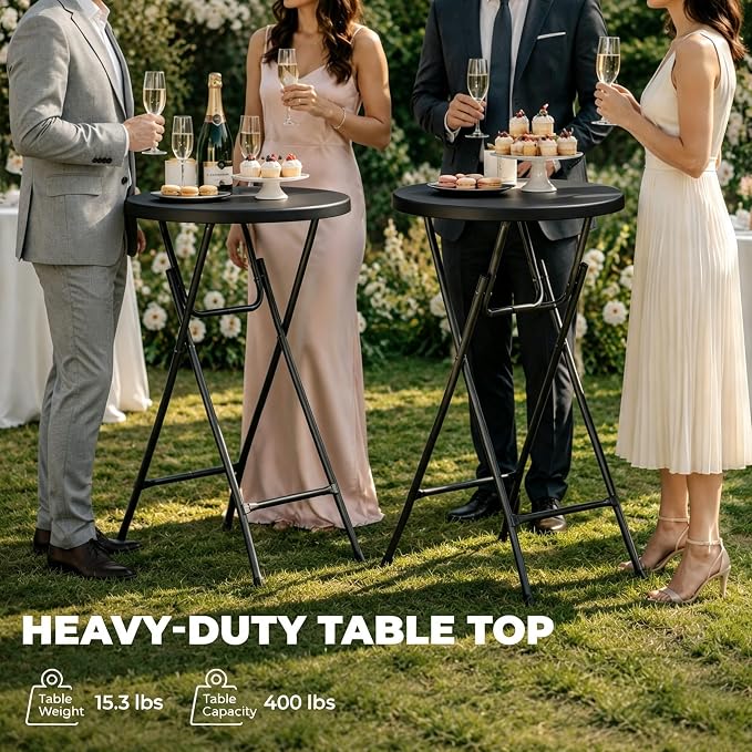 Folding Height Cocktail Table with Metal Legs 32'' Round Top for Small Spaces Bar Wedding Party Indoor Outdoor Use, Black