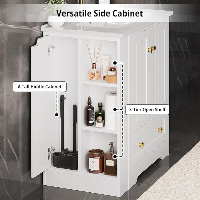 IRONCK Bathroom Vanity with Ceramic Sink, 30" Bathroom Cabinet, White | Features a Ceramic Sink, 3 Doors, 1 Drawer and Flexible Side Storage for Organized Bathroom Storage