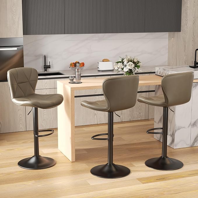 Nalupatio Modern Bar Stools Set of 3, Adjustable Faux Leather Upholstered Swivel Bar Stools, Counter Height Bar Chairs with Back for Kitchen Island, Dark Khaki