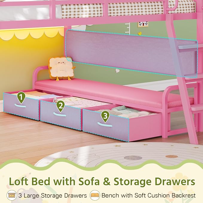 Dnxao Low Loft Bed Full Size with Desk and 9 Storage Drawers for Girls,Pink