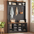 Itaar Hall Tree with Bench and Shoe Storage, 3-in-1 Entryway Bench with Coat Rack, Hall Tree with Adjustable Shoe Storage and Hanging Hooks, White and Brown (Black)