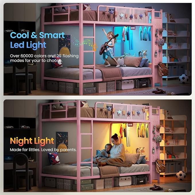 Itaar Metal Bunk Bed Twin Over Twin with Hall Tree, Power Outlet, LED Bunk Bed with 4 Storage Drawers, Bed with 13‘’ Safety Guardrail & Ladders for Kids and Teen, 400lb Weight Capacity, Pink