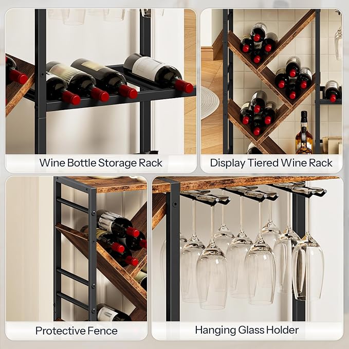 HOOBRO Liquor Bar Cabinet, Modern Liquor Cabinet with Wine Rack & Glass Holder, Liquor Bar Cabinet with Power Outlet, Mini Bar Table for Home Bar, Rustic Brown and Black BF36JJ01