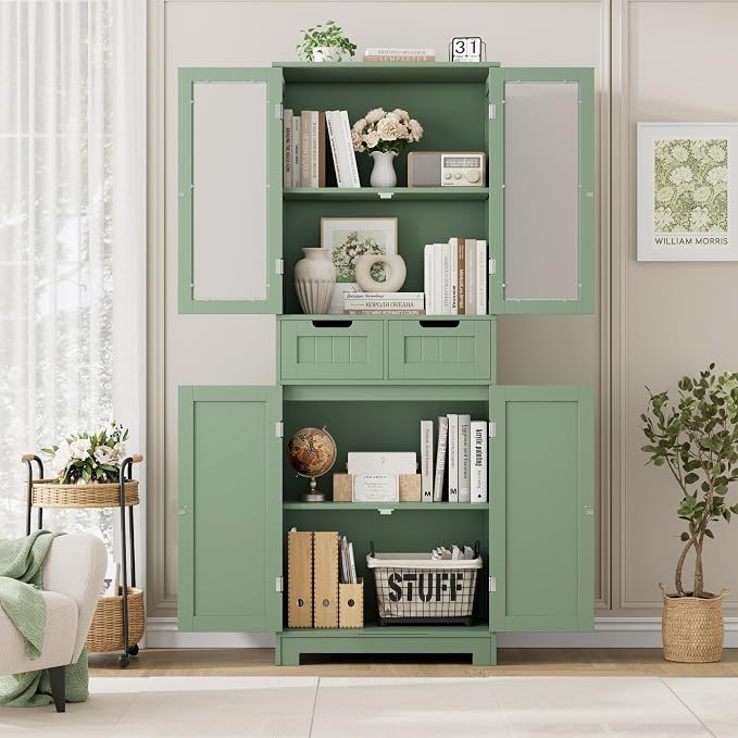 HORSTORS 67" H Bathroom Storage Cabinet, Green Linen Cabinet with Drawers | Freestanding Bathroom Cabinet with Glass Door & Shelf, Modern Tall Storage Cabinet for Bathroom, Living Dining Room, Kitchen