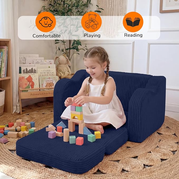 MeMoreCool Kids Couch, 2-in-1 Corduroy Foldable Sofa Chair, Navy Blue
