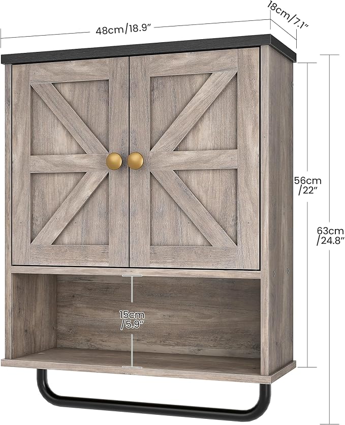 CHOEZON Bathroom Wall Cabinet, Medicine Cabinet with Open Partition and Towel Bar, Rustic Storage Cabinet with Open and Hidden Storage Space, for Bathroom, Living Room, Greige and Charcoal Black
