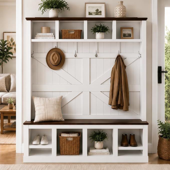 KEIKI 79" Hall Tree with Bench, Farmhouse Entryway Coat Rack, White Walnut