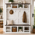 KEIKI 79" Hall Tree with Bench, Farmhouse Entryway Coat Rack, White Walnut