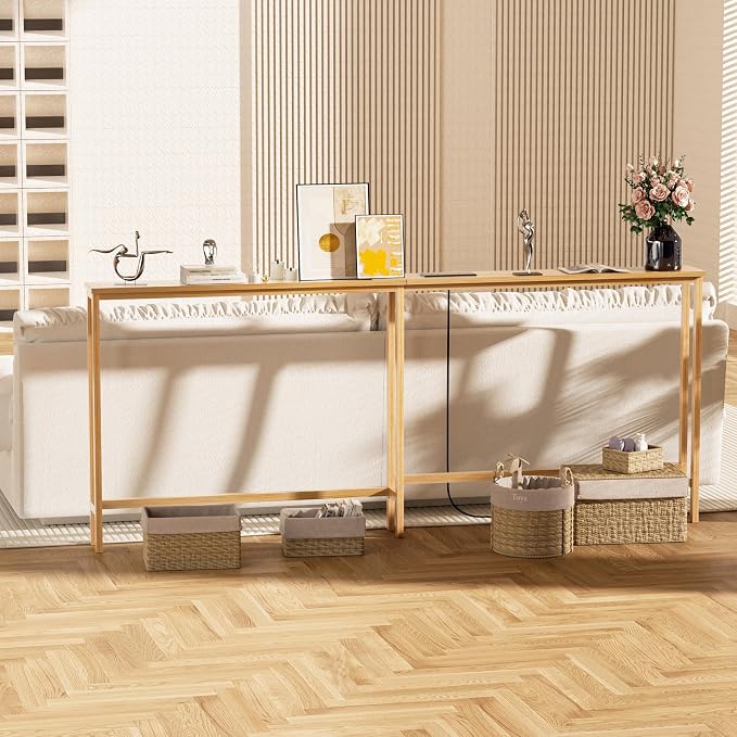 VASMIA 70.9 Inch Narrow Console Table with Outlet,Bamboo Behind Couch Sofa Table,Skinny Hallway Table for Entryway Living Room,Foyer,Natural