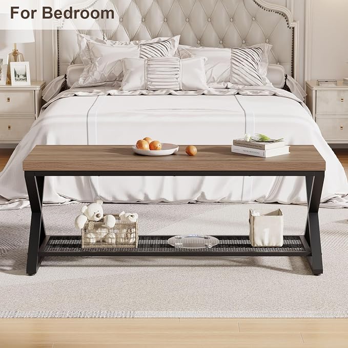 LVB Entryway Bench, Indoor Shoe Bench with Storage & Seating Rustic Oak 47"