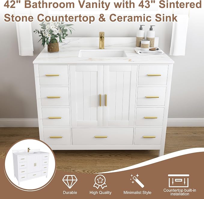Montary 42" Bathroom Vanity with Sink & 43" Carrara Sintered Stone Top | with 1 Pre-Drilled Faucet Holes, Solid Wood Cabinet, Soft-Close Double Doors & 9 Smooth-Glide Drawers,White