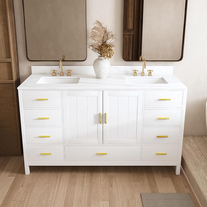 Montary 60" Bathroom Vanity with 2 Sinks & 61" Carrara Quartz Top | with 6 Pre-Drilled Faucet Holes, Solid Wood Cabinet, Soft-Close Double Doors & 9 Smooth-Glide Drawers,White