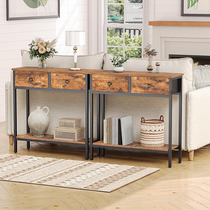 HOOBRO 29.5" Narrow Console Table with 2 Fabric Drawers, Small Entryway Table with 2-Tier Storage Shelves, Sofa Table, Behind Couch Table, for Living Room, Hallway, Rustic Brown and Black BF71XG01