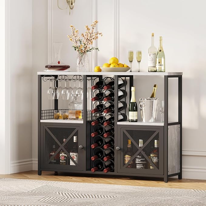 Homeiju Mini Bars for Home, Wooden Coffee Bar Cabinet, Modern Liquor Cabinet for Liquor and Glasses, Farmhouse Buffet Wine Bar Cabinet with Storage Sideboard for Home Kitchen Dining Room (Light Grey)