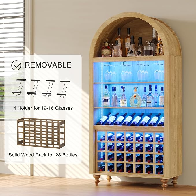 Arched Wine Bar Cabinet with LED Lights, 71" Tall Liquor Cabinets with 4 Glasses Holders & Wine Rack, Alcohol Display Storage Cabinet for Living Room, Kitchen Pantry, Dining Room (Natural Oak)