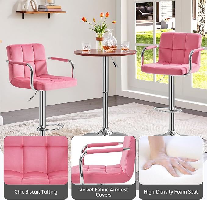 Yaheetech Bar Stools Set of 4, Swivel with Backs, Adjustable Height, Pink