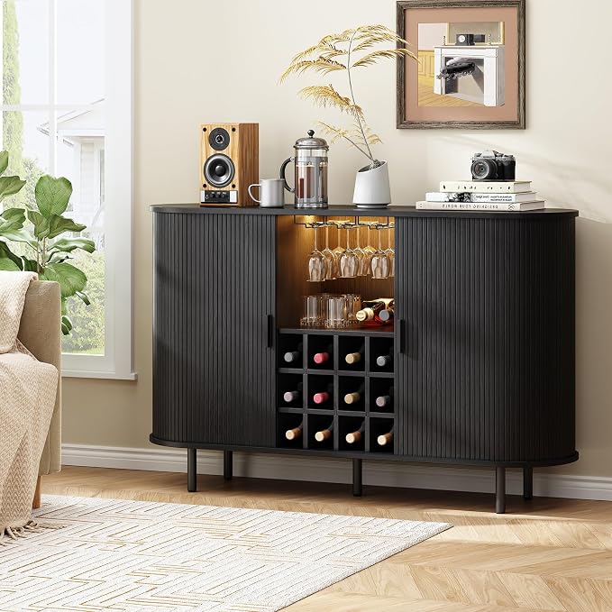 ONBRILL 55" Fluted Wine Bar Cabinet with LED Light Black