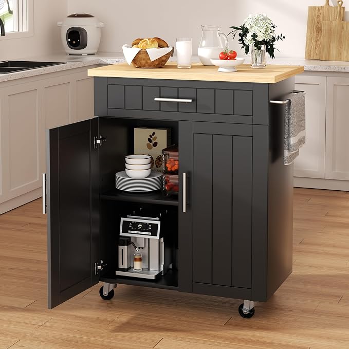 Shintenchi Kitchen Island cart with Storage, Portable Bar Cabinet on Wheels, Rolling Microwave Cart Side Table with Workstation for Kitchen, Dinning Room, Black