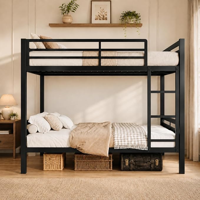 Feonase Metal Bunk Bed Full Over Full with Ladder and High Guardrail, Heavy-Duty Metal Slats Support, Noise Free, No Box Spring Needed, for Kids and Juniors, Black