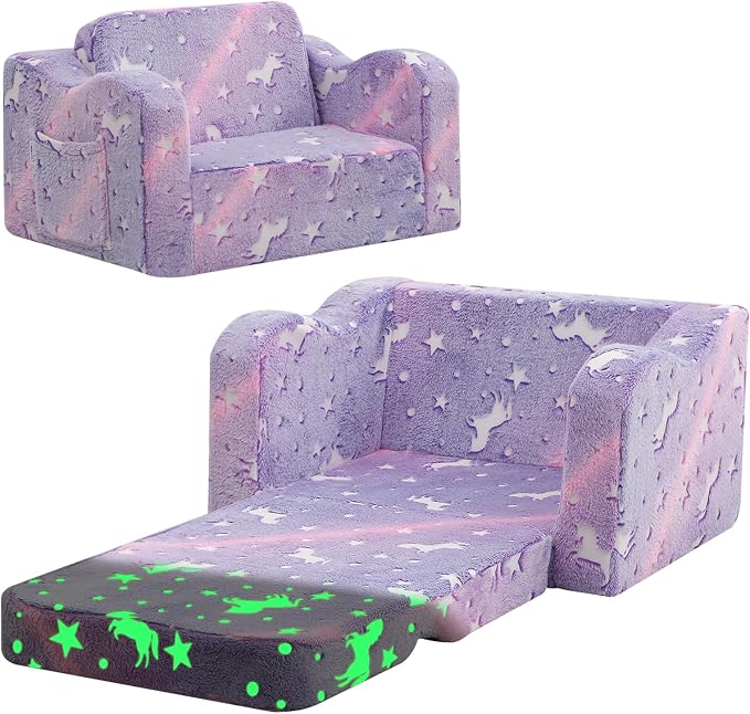 MeMoreCool Kids Couch, Glow Dark Purple Unicorn Fold Out Sofa Chair, Girls