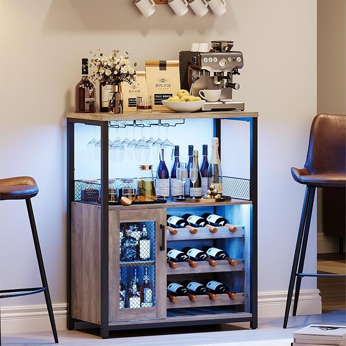 IDEALHOUSE Wine Bar Rack Cabinet with LED Lights, Small Coffee Bar Cabinet