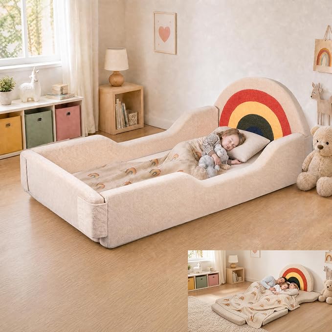 Toddler Bed with Mattress Included, Rainbow Toddler Floor Beds No Assembly Needed, Soft Foam Kids Floor Bed with Fold-Down Rails, No Wood Frame Safety Floor Beds for Boys and Girls Aged 2-8 Years