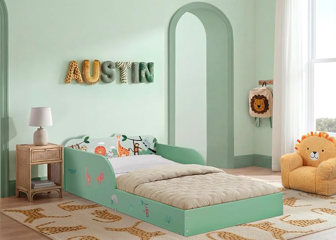 Delta Children Safari Wood Floor Toddler Bed with Reusable Stickers, Green