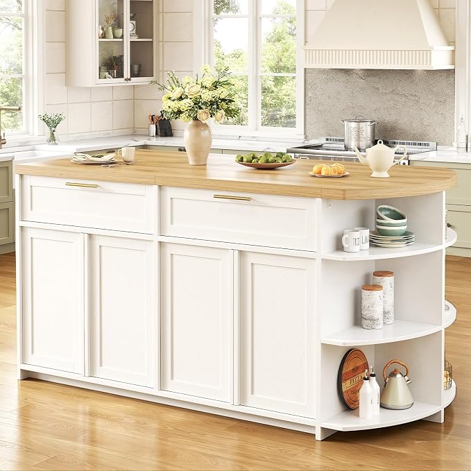 HSH 63 Inch Large Kitchen Island with Storage and Seating, Light Oak