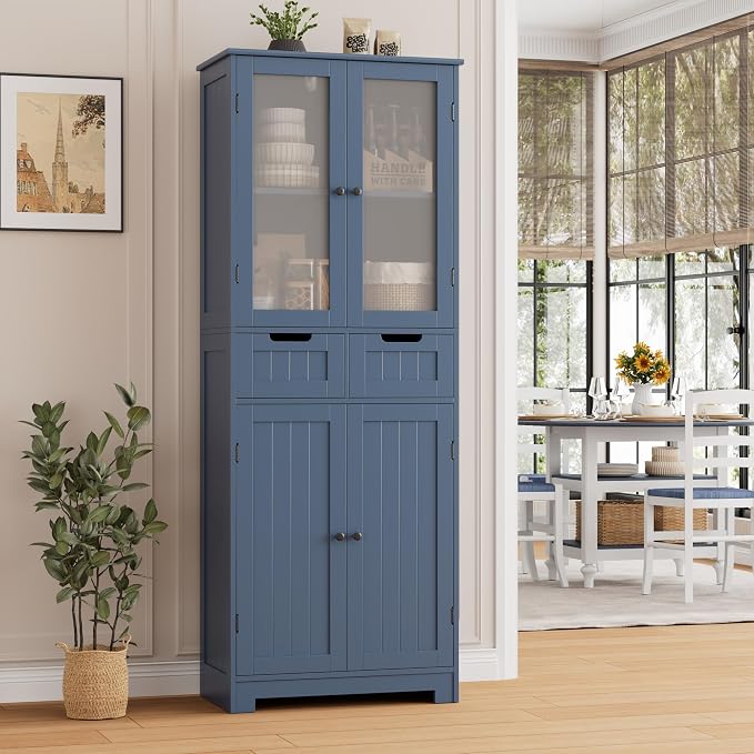 HORSTORS 67" H Bathroom Storage Cabinet, Blue Linen Cabinet with Drawers | Freestanding Bathroom Cabinet with Glass Door & Shelf, Modern Tall Storage Cabinet for Bathroom, Living Dining Room, Kitchen