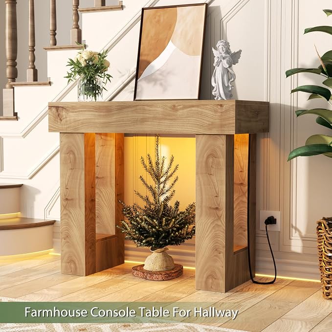 Unikito 39" Entry Table with Sensor Light and Power Outlets, Natural Oak
