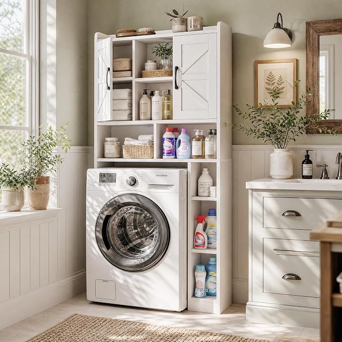Farmhouse Over The Toilet Storage Cabinet with Barn Door, Reversible Side | 7-Tier Bathroom Organizer, Adjustable Shelves Bottom Bar, Detachable Paper Holder, Anti-Tipping, Laundry Room, White