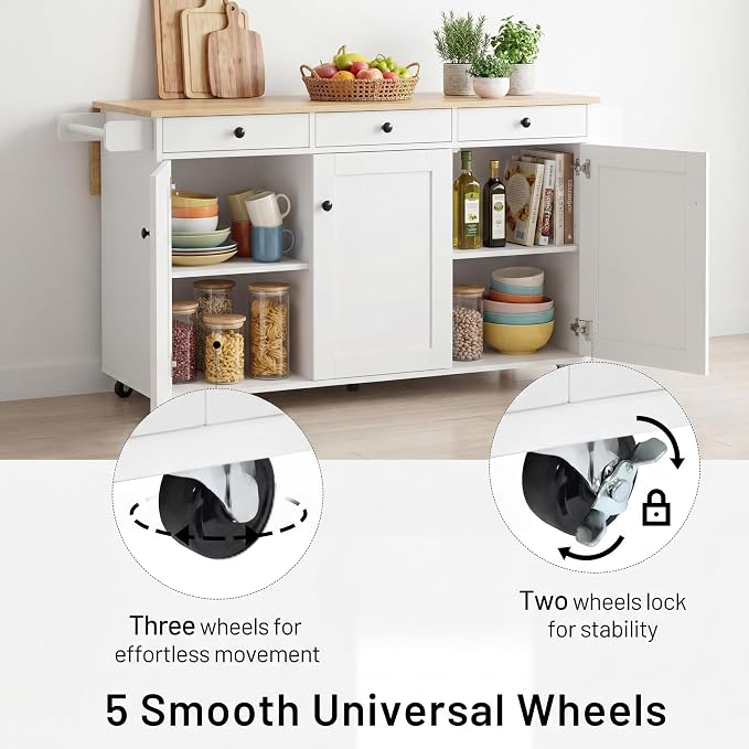 Kitchen Island Cart on Wheels with Drop Leaf & Storage - 45" Rolling Kitchen Cart with Locking Casters, 3 Drawers, 2 Cabinets & Towel Rack, Light Oak Top, White Farmhouse Style