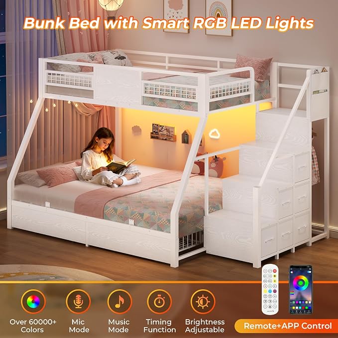 BTHFST Bunk Bed Twin Over Full with Stairs, Storage Drawers and LED Lights