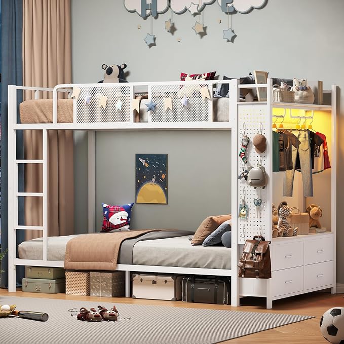 Itaar Metal Bunk Bed Twin Over Twin with Hall Tree, Power Outlet, LED Bunk Bed with 4 Storage Drawers, Bed with 13‘’ Safety Guardrail & Ladders for Kids and Teen, 400lb Weight Capacity, White