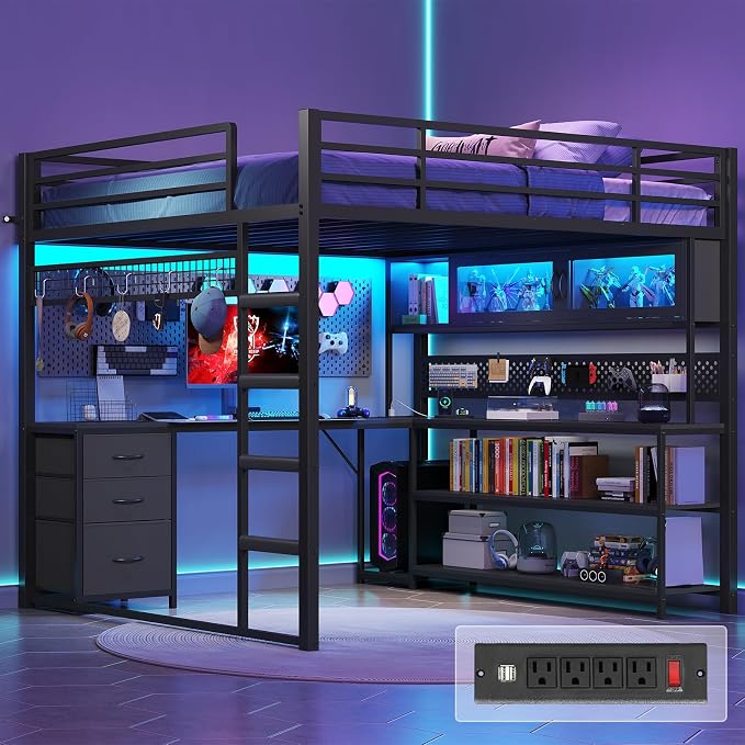ADORNEVE Gaming Loft Bed Full Size with Desk, Arcylic RGB Hutch, Black