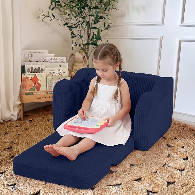 MeMoreCool Kids Couch, 2-in-1 Corduroy Foldable Sofa Chair, Navy Blue