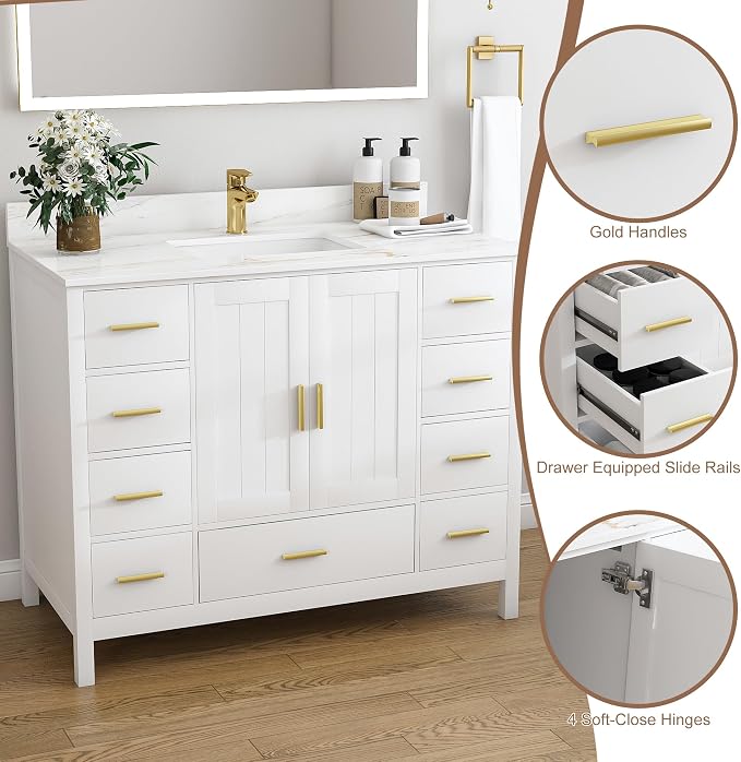 Montary 42" Bathroom Vanity with Sink & 43" Carrara Sintered Stone Top | with 1 Pre-Drilled Faucet Holes, Solid Wood Cabinet, Soft-Close Double Doors & 9 Smooth-Glide Drawers,White