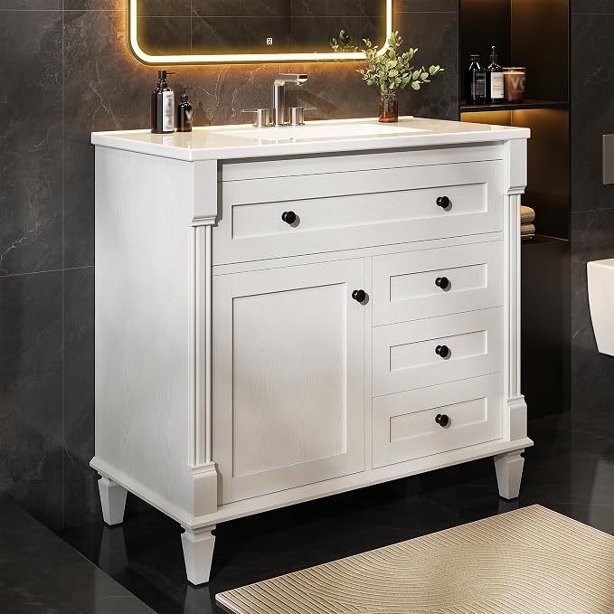 LIKIMIO 36 Inch Bathroom Vanity with Sink, Adjustable Solid Wood Legs | Modern Bathroom Storage Cabinet with Towel Holder, Tip-Out Drawer, 2 Drawers & Adjustable Shelf, Nature